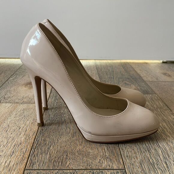Patent Leather Stiletto Pumps Size 6.5 Nude Almond Closed Toe Platform - Picture 3 of 11